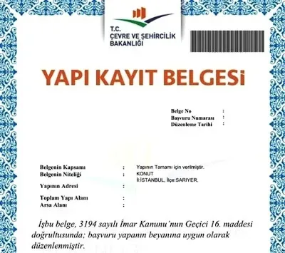 Yapı Kayıt Belgesi e-Devlet 